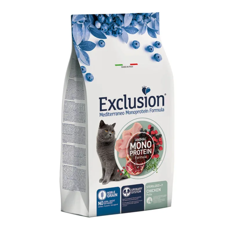EXCLUSION Mediterraneo Monoprotein Sterilised +7, Pui, hrană uscată monoproteică pisici sterilizate senior, 1.5kg — preț și oferte