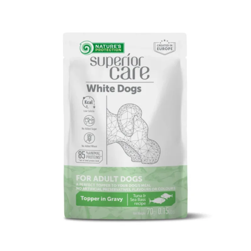 NATURES PROTECTION Superior Care White Dogs, XS-XL, Ton și Pește alb, plic hrană umedă câini, (topping), 70g — preț și oferte