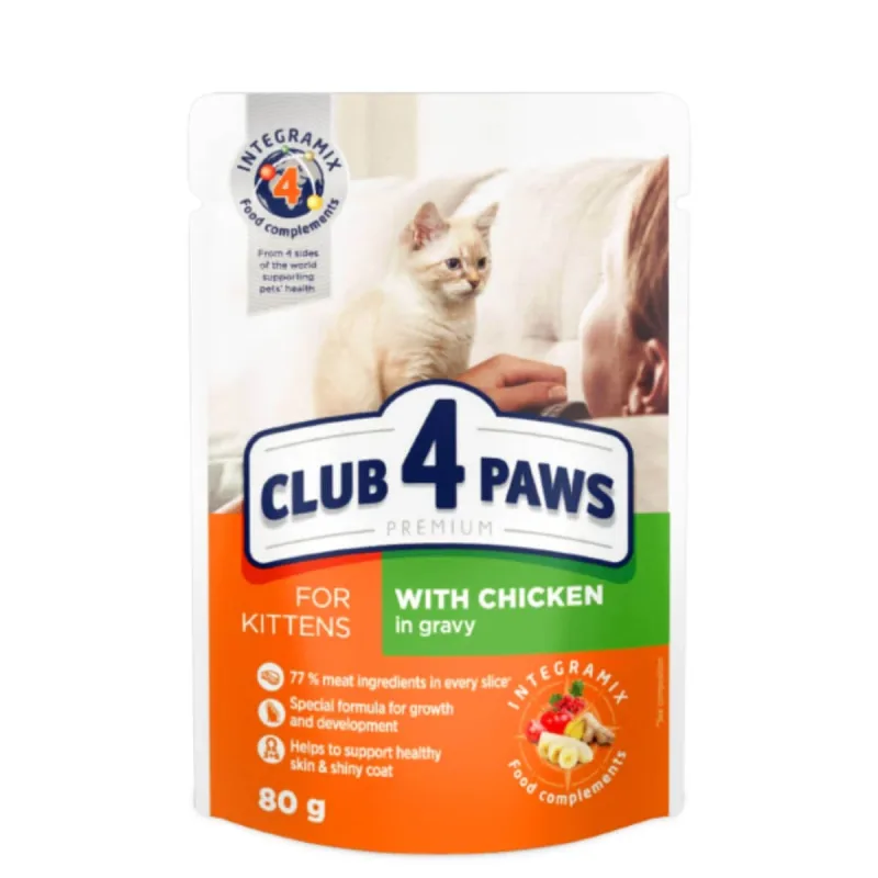 CLUB 4 PAWS Premium Kitten, Pui, plic hrană umedă pisici junior, (în sos), 80g — preț și oferte