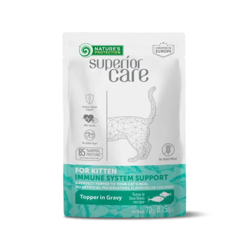 NATURES PROTECTION Superior Care Immune System, Ton și Șalău, plic hrană umedă pisici junior, sistem imunitar, (topping), 70g — preț și oferte