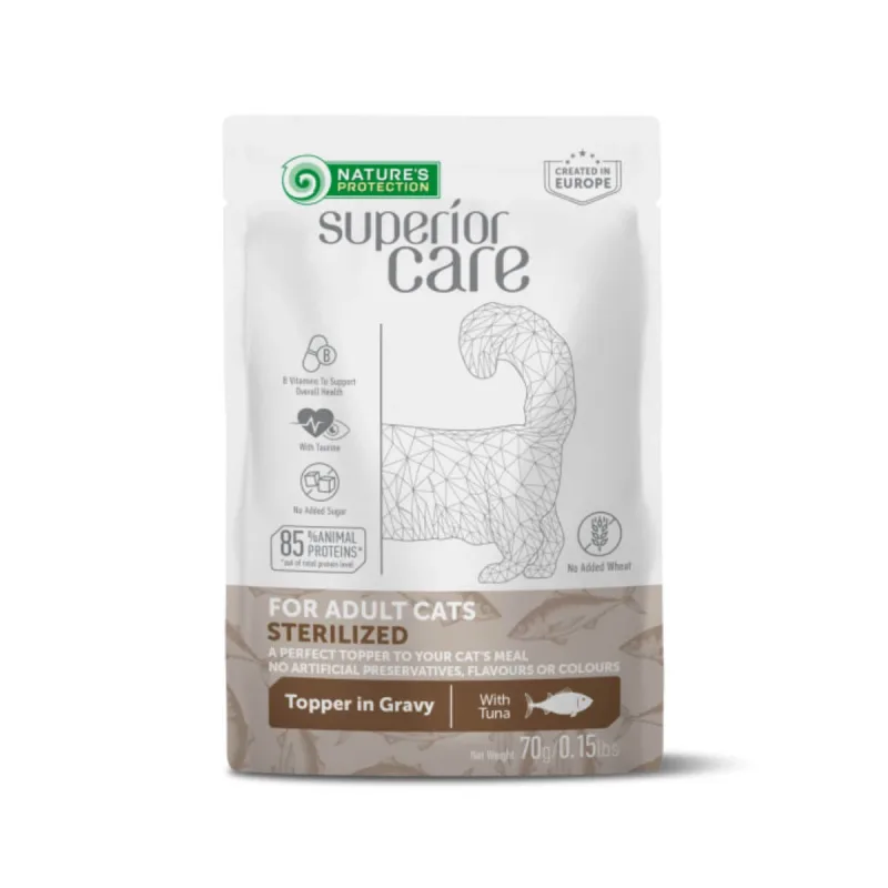 NATURES PROTECTION Superior Care Sterilised, Ton, plic hrană umedă monoproteică pisici sterilizate, (topping), 70g — preț și oferte