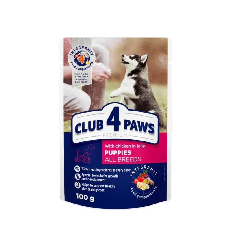 CLUB 4 PAWS Premium Junior, XS-XL, Pui, plic hrană umedă câini junior, (în aspic), 100g — preț și oferte