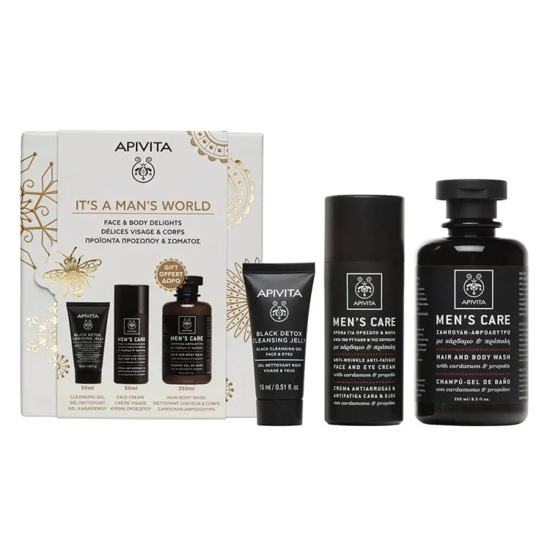 Apivita Promo Pack Men's Care Face Cream 50ml, Black Detox Cleansing Gel 50ml & GRATUIT Men's Care Hair-Body Wash 250ml — preț și oferte