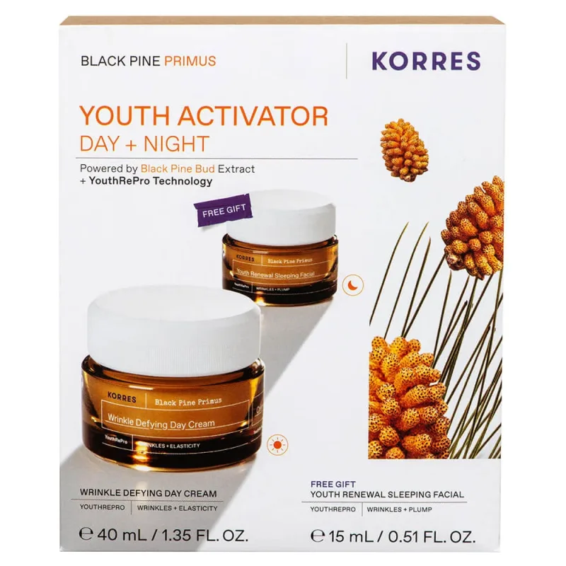 Korres Promo Pack Black Pine Primus Cremă de zi pentru tineri pentru netezirea ridurilor + elasticitate 40ml & FREE Cremă de noapte pentru tineri pentru netezirea ridurilor + elasticitate 15ml — preț și oferte