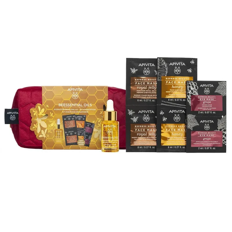 Apivita Promo Pack Beessential Oils Day Oil Strengthening & Hydrating 15ml & GRATUIT Mască de față Honey 2x8ml, Mască de față Royal Jelly 2x8ml & Mască de ochi Grape2x8ml — preț și oferte