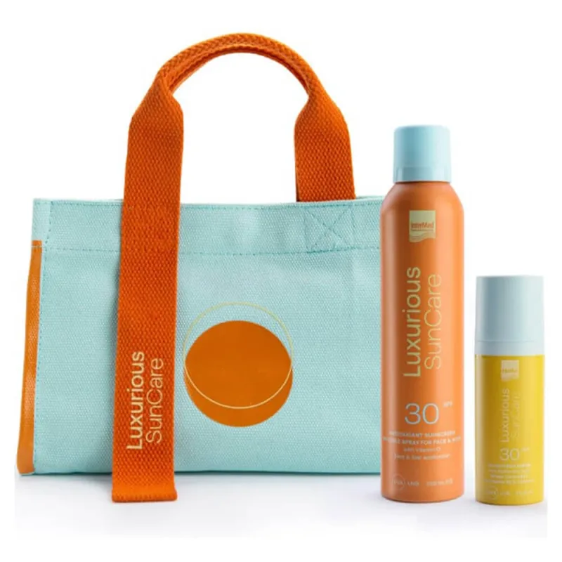 Pachet promoțional Luxurious SunCare cu Spray invizibil de protecție solară antioxidantă SPF30+ 200ml, Ser de protecție solară pentru față SPF30 50ml și geantă GRATUITĂ — preț și oferte