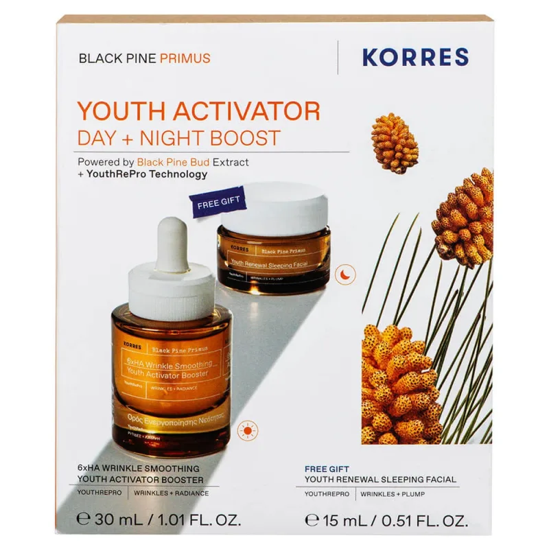 Korres Promo Pack Black Pine Primus Primus Booster Ser activator pentru tineret 30ml & Cremă de noapte pentru tineret GRATUITĂ pentru netezirea ridurilor + elasticitate 15ml — preț și oferte