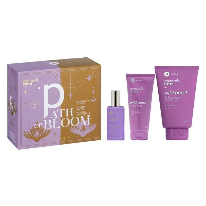 Panthenol Extra Promo Pack Path of Bloom cu apă de toaletă cu petale sălbatice 50ml, soluție de curățare 3in1 200ml și lapte de corp 100ml — preț și oferte