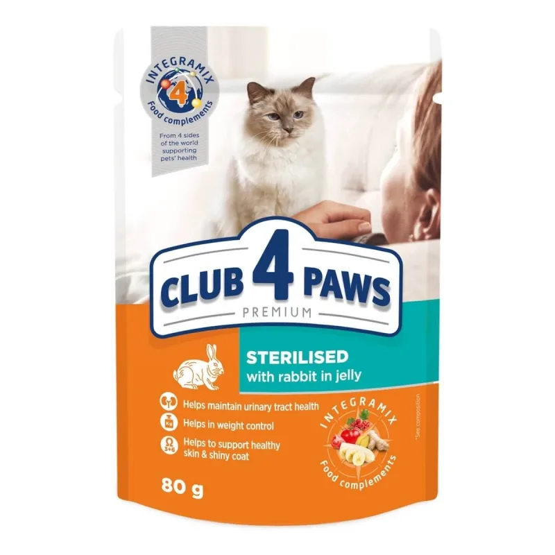 CLUB 4 PAWS Premium Sterilised, Iepure, plic hrană umedă pisici sterilizate, (în aspic), 80g — preț și oferte