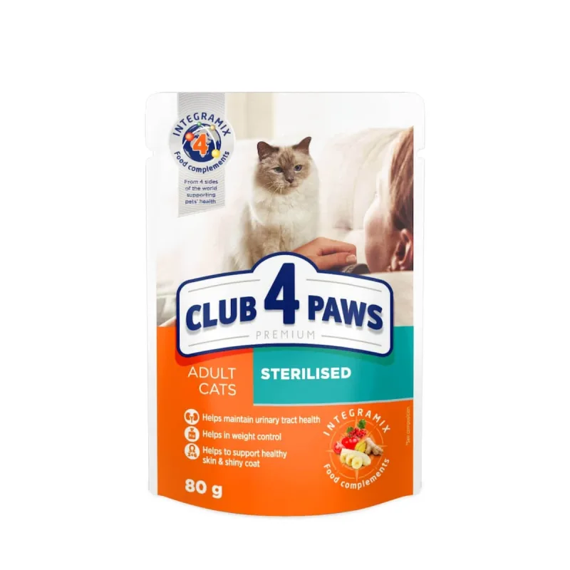 CLUB 4 PAWS Premium Sterilised, Pui, plic hrană umedă pisici sterilizate, 80g — preț și oferte