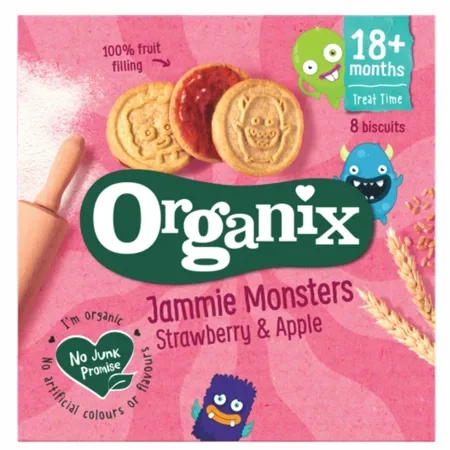 BISCUITI ECOLOGICI BIO CU UMPLUTURA DE CAPSUNI SI MERE JAMMIE MONSTERS 18+ LUNI 64G 664212 ORGANIX BRANDS — preț și oferte