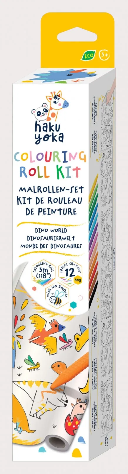 Kit rola de desenat 3 m si 12 creioane colorate cerate, Haku Yoka - Dinozauri — preț și oferte