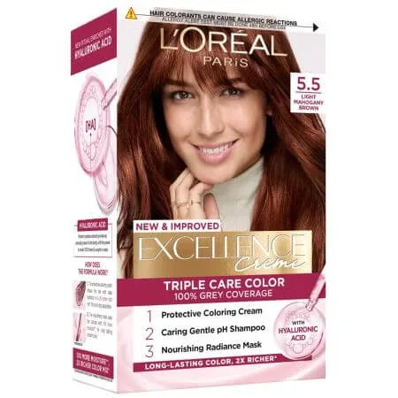 Vopsea de par cu acid hialuronic Excellence Color Creme 5.5 Saten Deschis Acaju, 192 ml, Loreal — preț și oferte