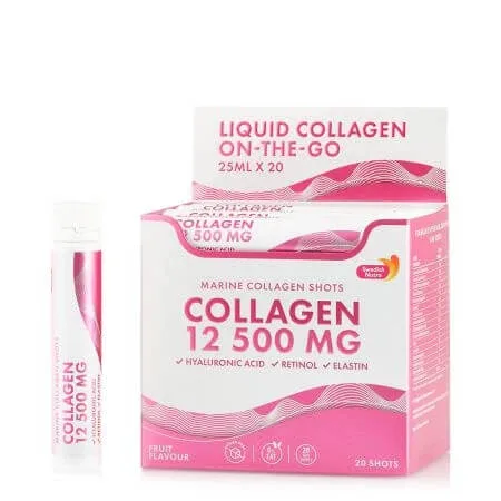 Colagen Marin Hidrolizat Lichid cu 12.500 mg + Acid Hialuronic 50 mg + Retinol 800 mcg + Elastina 10 mg, 20 fiole x 25 ml, Swedish Nutra — preț și oferte