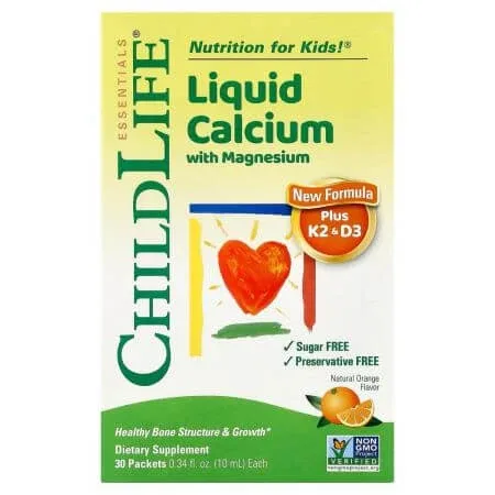 Calciu lichid cu Magneziu + K2 si D3 pentru copii Childlife Essentials, 30 plicuri, Secom — preț și oferte
