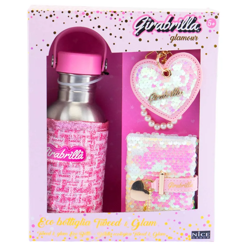 Set sticlă de apă Tweed Girabrilla – sticlă cu husa tweed, breloc fashion și mini-jurnal cu paiete — preț și oferte