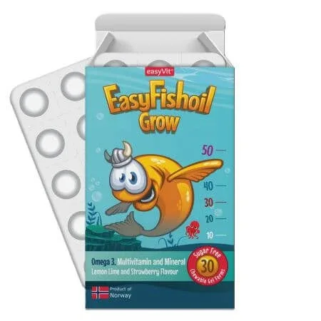 Omega 3, multivitamine si minerale pentru copii Easy Fishoil Grow, 30 comprimate masticabile, EasyVit — preț și oferte