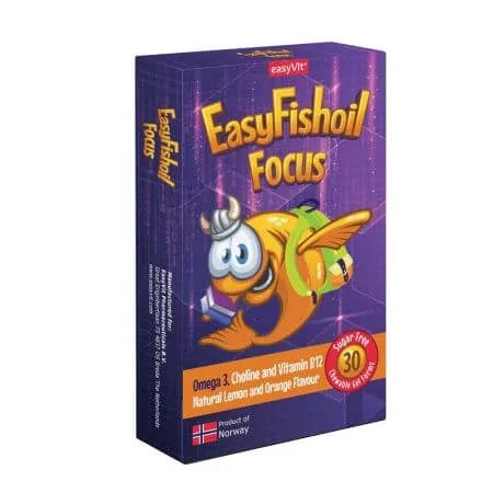 Omega 3, Colina si Vitamina B12 pentru copii Easy Fishoil Focus, 30 comprimate masticabile, EasyVit — preț și oferte