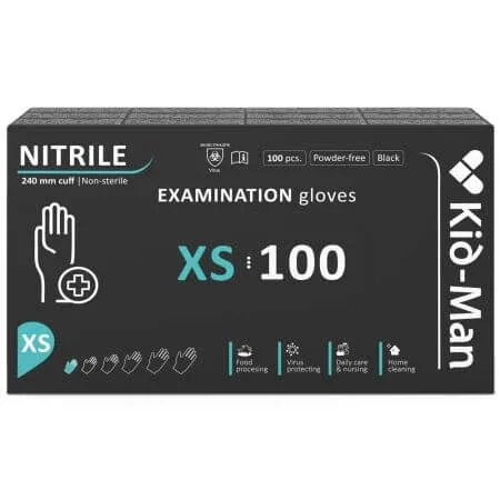 Manusi din nitril nepudrate de unica folosinta negre, marimea XS, 100 bucati, Kid-Man — preț și oferte