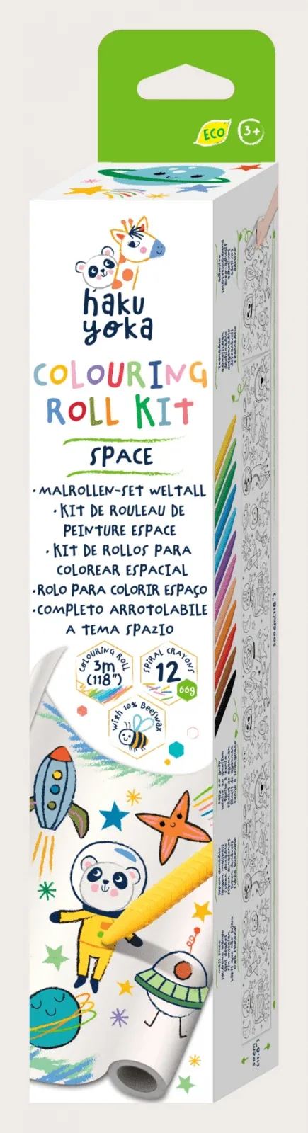 Kit rola de desenat autoadeziva - 3 m si 12 creioane colorate cerate, Spatiu - Haku Yoka — preț și oferte