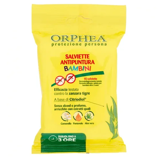 Servetele cu ingrediente naturale impotriva intepaturilor de insecte, 3ani +, 15 buc, Orphea — preț și oferte