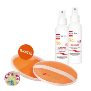Set de protecție solară Emolium, spray cu protecție minerală pentru copii din prima zi și adulți, SPF 50+, 2 x 100 ml + joc de plajă "prinde mingea" gratuit
