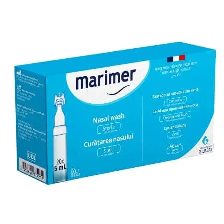 Solutie fiziologica din apa de mare pentru caratarea nasului Marimer Izotonic, 20 unidoze x 5 ml, Gilbert — preț și oferte