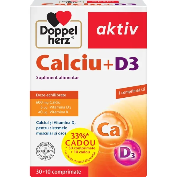 Calciu + D3, Doppelherz Aktiv | 30 comprimate + 10 comprimate CADOU — preț și oferte