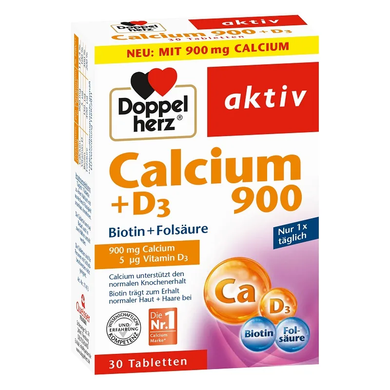 Calciu 900 + D3 + Biotina + Acid folic, Doppelherz Aktiv | 30 comprimate — preț și oferte