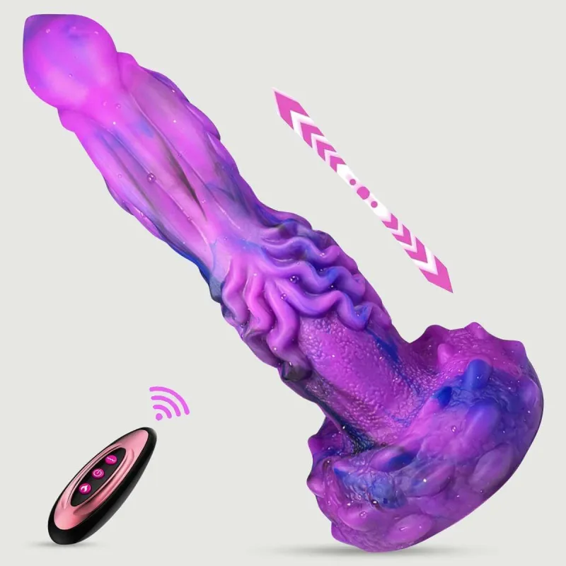 Dildo dragon din silicon cu vibrații și împingere controlat de la distanță cu ventuză - violet — preț și oferte