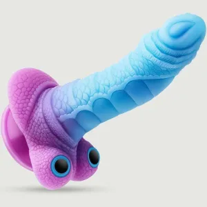 Dildo din silicon Snake Skin cu bile și ventuză - albastru