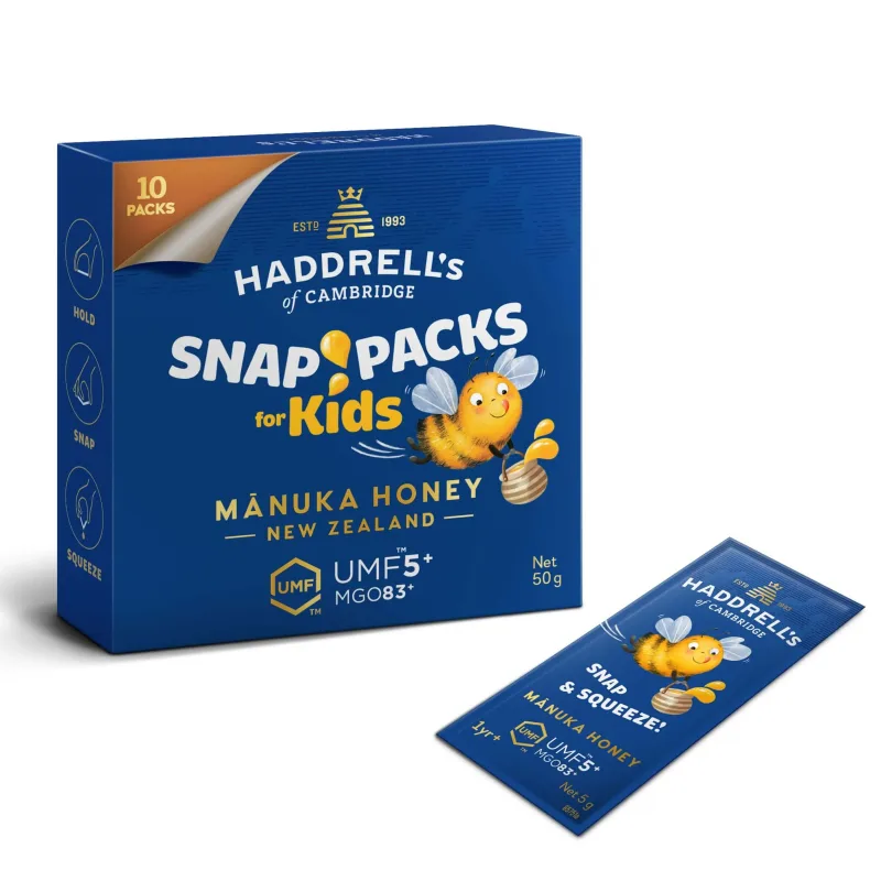 Haddrell's Manuka Snap Pack Kids, pliculețe de miere de Manuka UMF 5+ MGO 83+, 10 x 5 g — preț și oferte