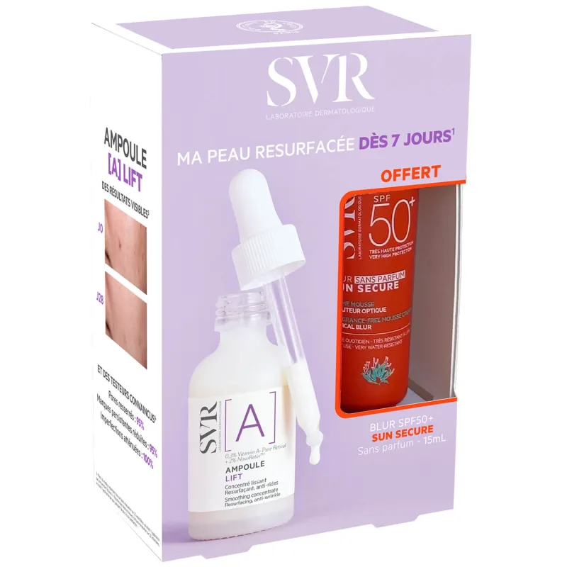 Set SVR Ampoule A, ser de lifting cu retinol, 30 ml + Sun Secure Blur, spumă solară, fără parfum, SPF 50+, 15 ml ca cadou — preț și oferte