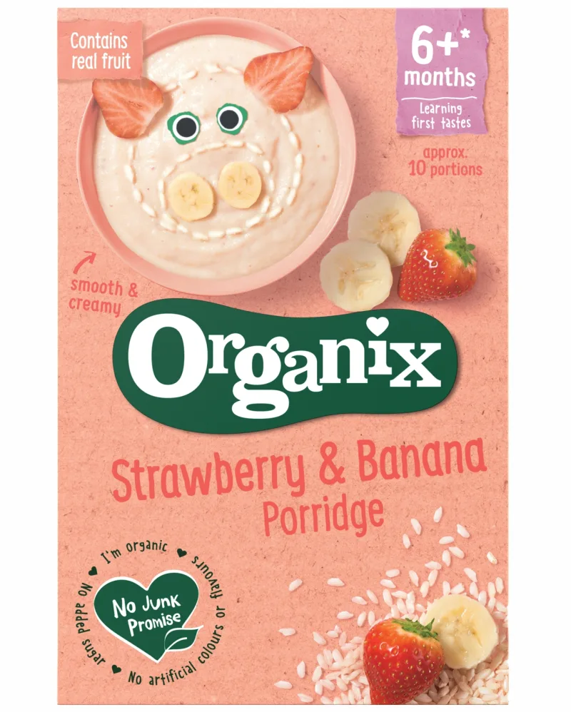 CEREALE ECOLOGICE BIO CU OREZ PORUMB CAPSUNI SI BANANE 6+ LUNI 120G 223310 ORGANIX BRANDS — preț și oferte