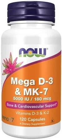 Now Foods Vitamina D3 5000 iu + K2 MK7 180 mcg 120 capsule — preț și oferte