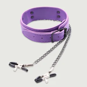 Colier din piele cu cleme pentru sfârcuri și lanțuri - violet