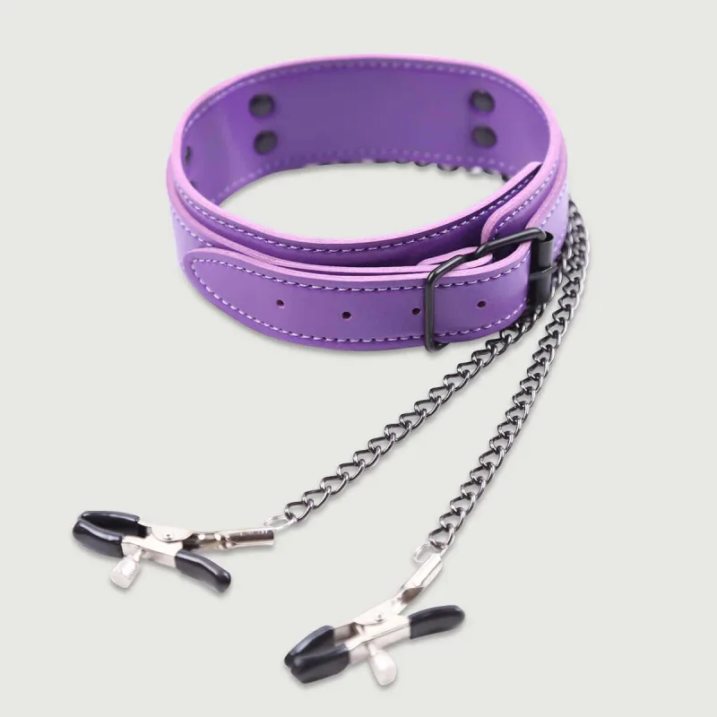 Colier din piele cu cleme pentru sfârcuri și lanțuri - violet — preț și oferte