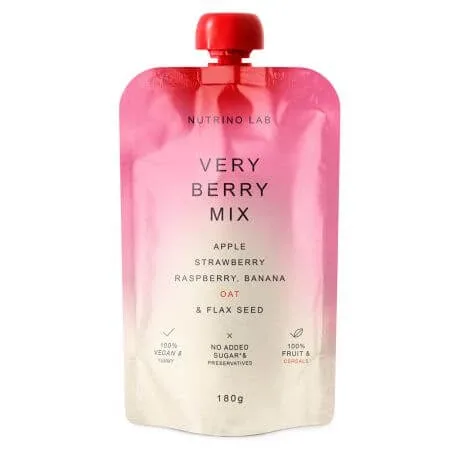 Piure pasteurizat cu mere, capsuni, zmeura, banane, ovaz si in Very Berry Mix, 180 g, Nutrino Lab — preț și oferte