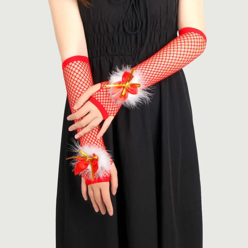 Sexy Bow Plush Decorațiuni de Crăciun Mănuși Fishnet - Roșu — preț și oferte