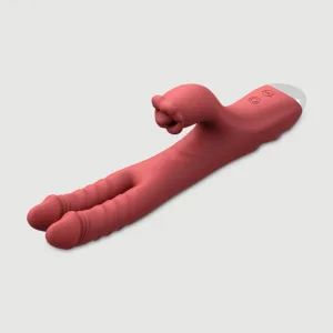 Vibrator de iepure din silicon cu două degete cu stimulare a limbii clitoridiene - roșu