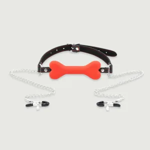 Silicon Bone Gag cu cleme pentru sfârcuri - roșu