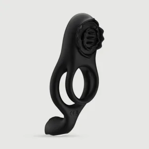 Inel dublu flexibil pentru penis din silicon cu stimulator pentru clitoris și perineu - negru