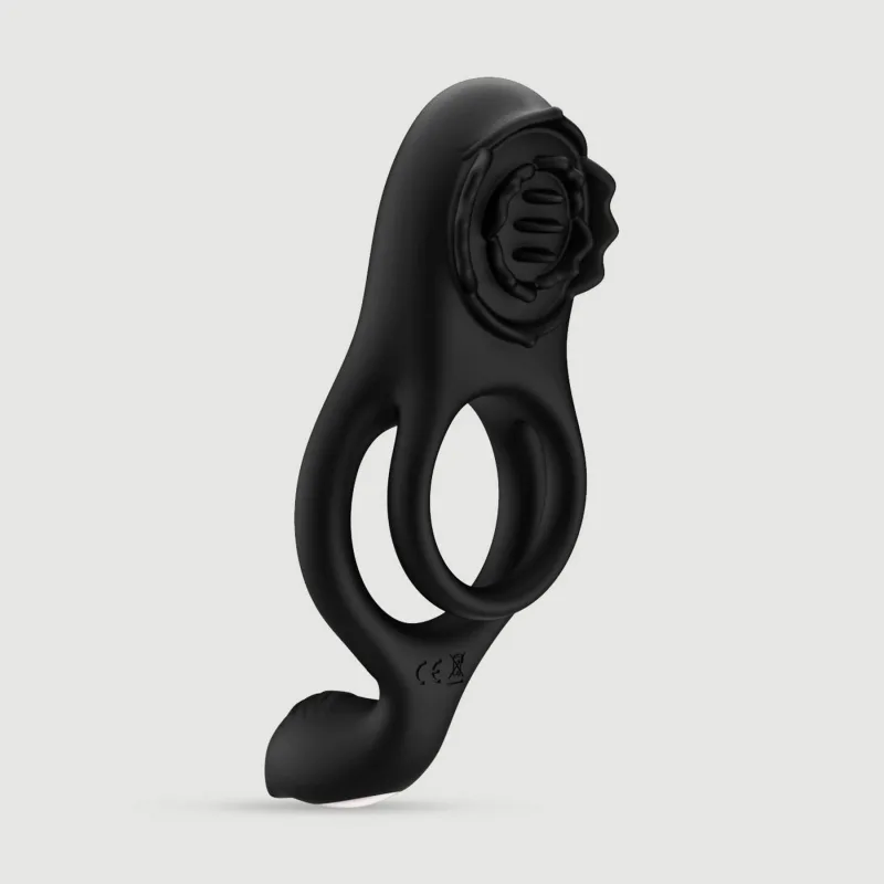 Inel dublu flexibil pentru penis din silicon cu stimulator pentru clitoris și perineu - negru — preț și oferte