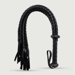 Flogger din piele cu textură împletită și cozi stilate - negru