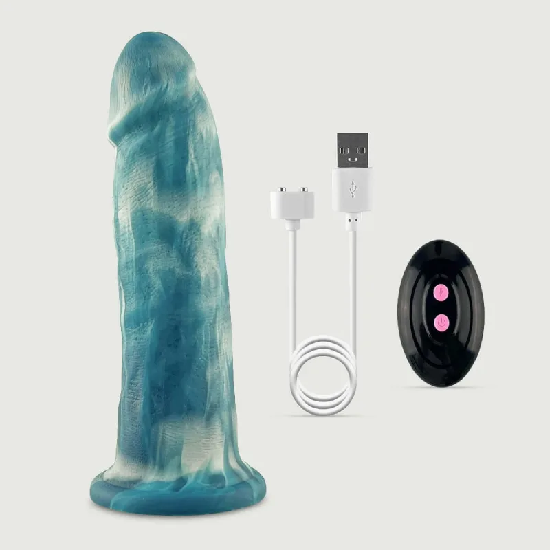Dildo realist de 22 cm din silicon lichid cu încălzire și vibrații, cu bile și ventuză - verde — preț și oferte