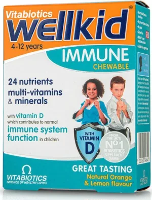 Vitabiotics Wellkid Immune Supliment pentru Întărirea Sistemului Imunitar 30 tablete masticabile Portocală Lămâie