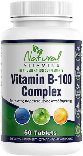 Natural Vitamins Vitamin B Complex Vitamina pentru Energie, Întărirea Sistemului Imunitar & Sistemul Nervos 100mg 50 Tablete