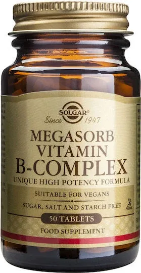 Solgar Megasorb Vitamin B-Complex Vitamina pentru Energie, Întărirea Sistemului Imunitar & Sistemul Nervos 50 Tablete