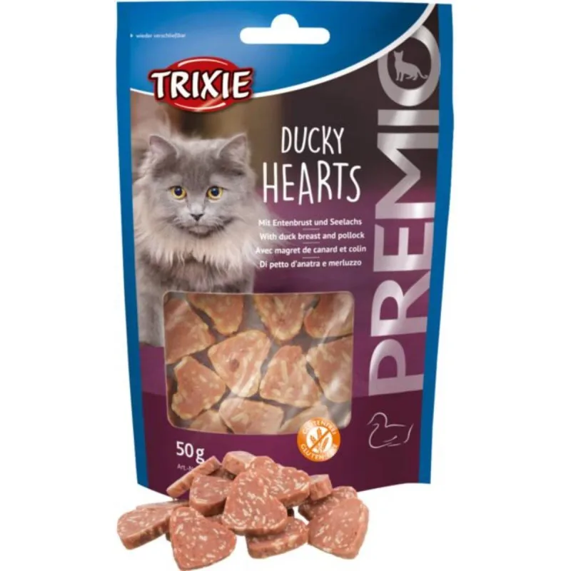 TRIXIE Premio Hearts, Rață și Cod, punguță recompense fără cereale pisici, 50g — preț și oferte
