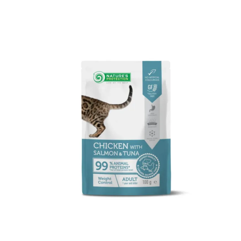 NATURES PROTECTION Weight Control, Pui și Somon, plic hrană umedă pisici, obezitate, (în sos), 100g — preț și oferte